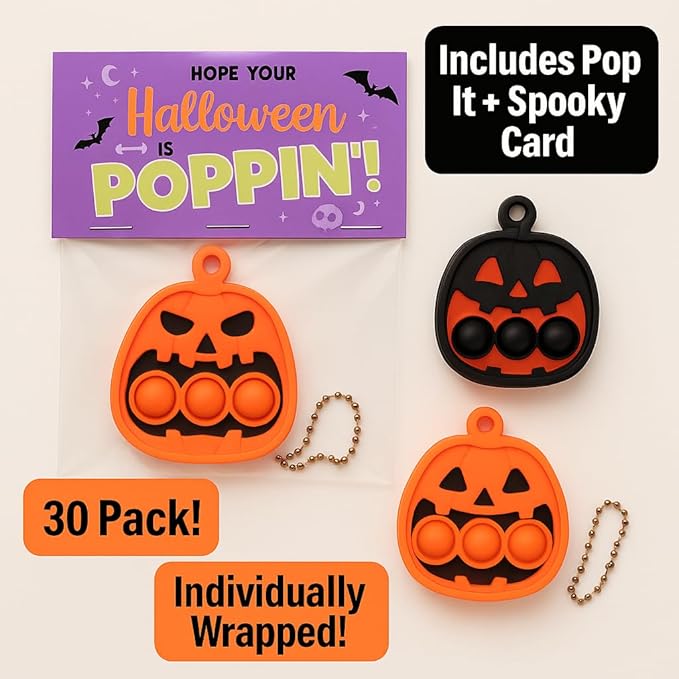 Halloween Party Favors for Kids – 30 Pack Pop It Fidget Toys Bulk, Fun Spooky Pumpkin Design, Non-Candy Teal Pumpkin Treats, Trick-or-Treater Gifts, Classroom Goodie Bag Fillers