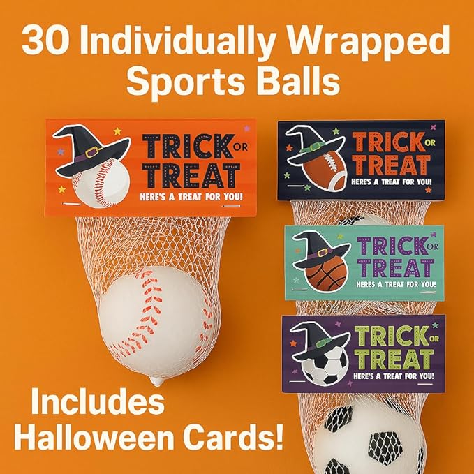 Halloween Sports Stress Balls for Kids – 30 Pack Non-Candy Teal Pumpkin Toys and Gifts, Trick-or-Treat Classroom Exchange, Football, Soccer, Baseball, Basketball Fidget Toys for Boys and Girls