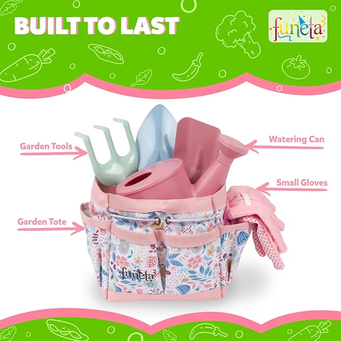 Floral Kids Gardening Set - Toddler Garden Tools, No-Leak Watering Can & Quality Tote Bag - Safe Metal Tools for Kids
