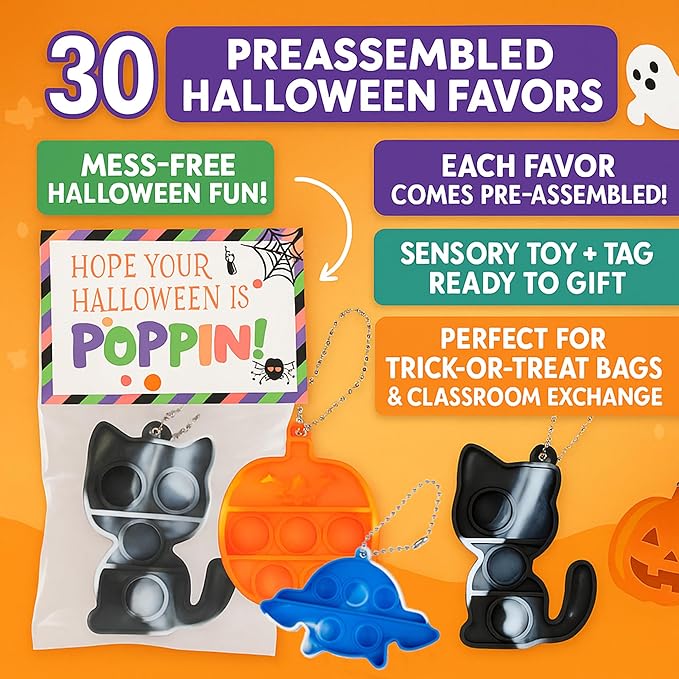 Halloween Party Favors for Kids , 30 packs Pop it fidget Toys, School Classroom Favors Goodie Bag Fillers, Bulk Gifts for Kids, Treats Non Candy, Teal Pumpkin Project