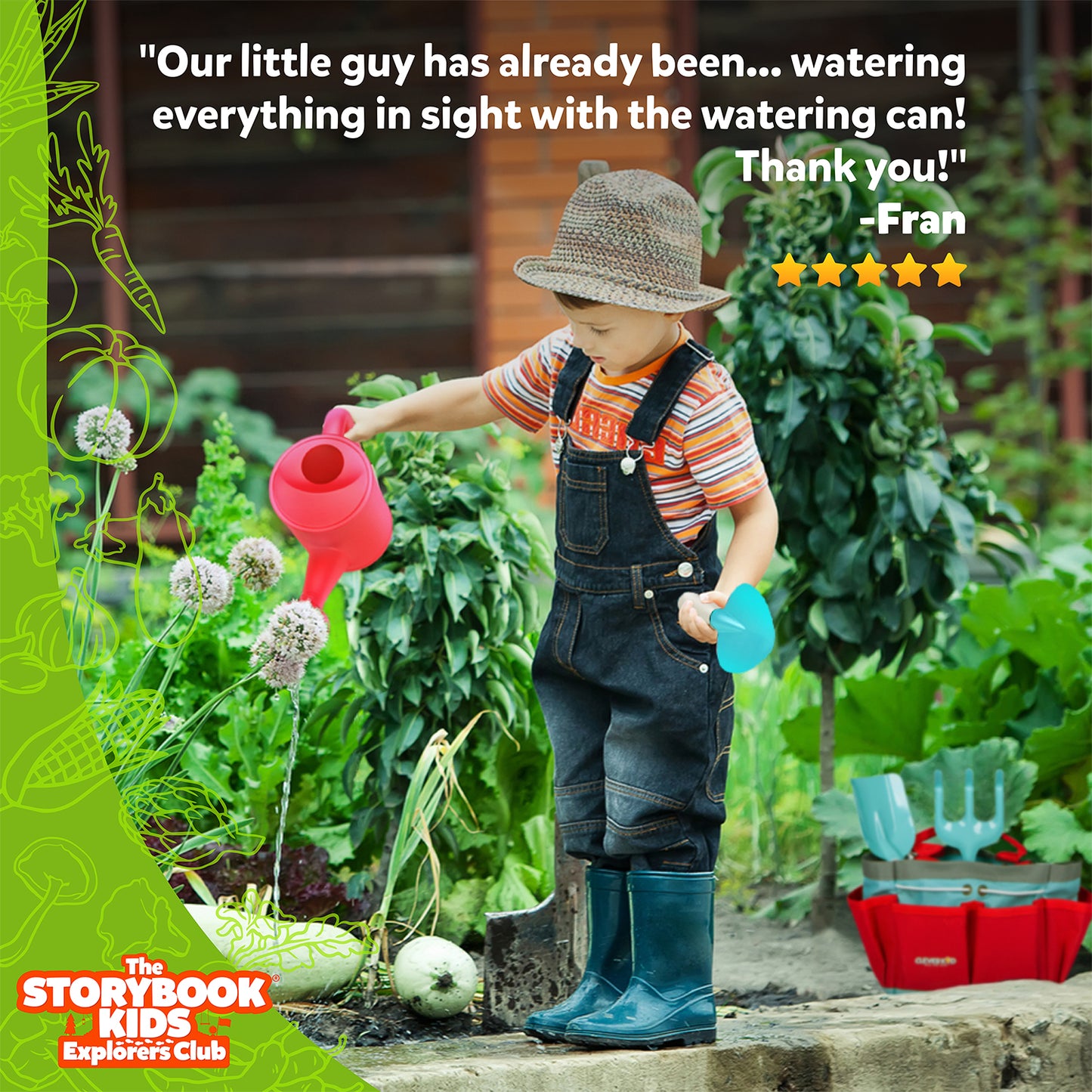 Kids Gardening Tools Set Includes Sturdy Tote Bag, Watering Can, Shovel, Rake, and Trowel - Garden Storybook