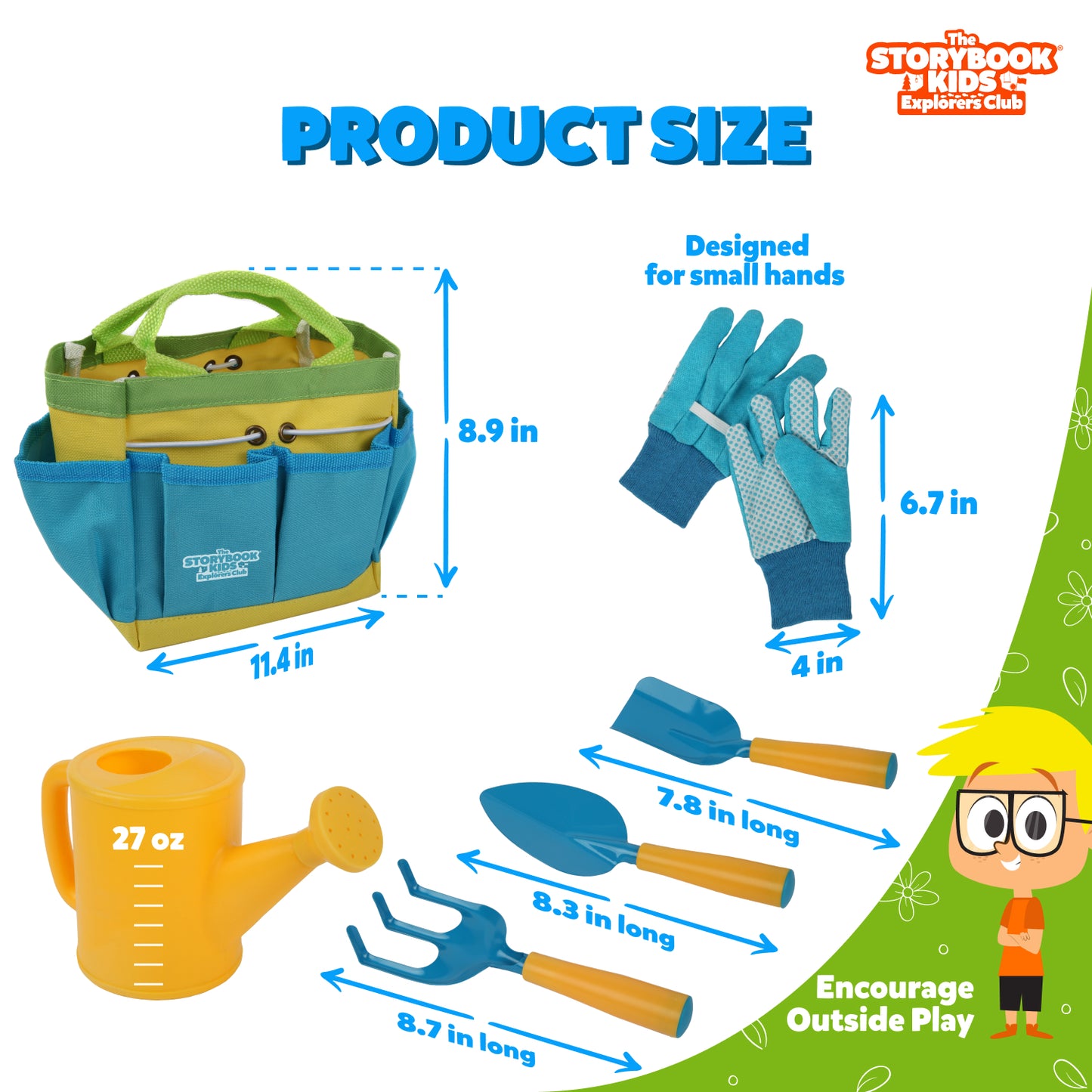Kids Gardening Tools Set Includes Sturdy Tote Bag, Watering Can, Shovel, Rake, and Trowel - Garden Storybook