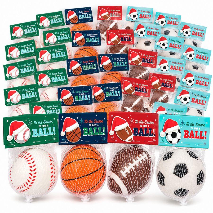 30 Christmas sports stress ball favors, each in its own mesh bag with a 'Tis the Season to Have a Ball!' tag