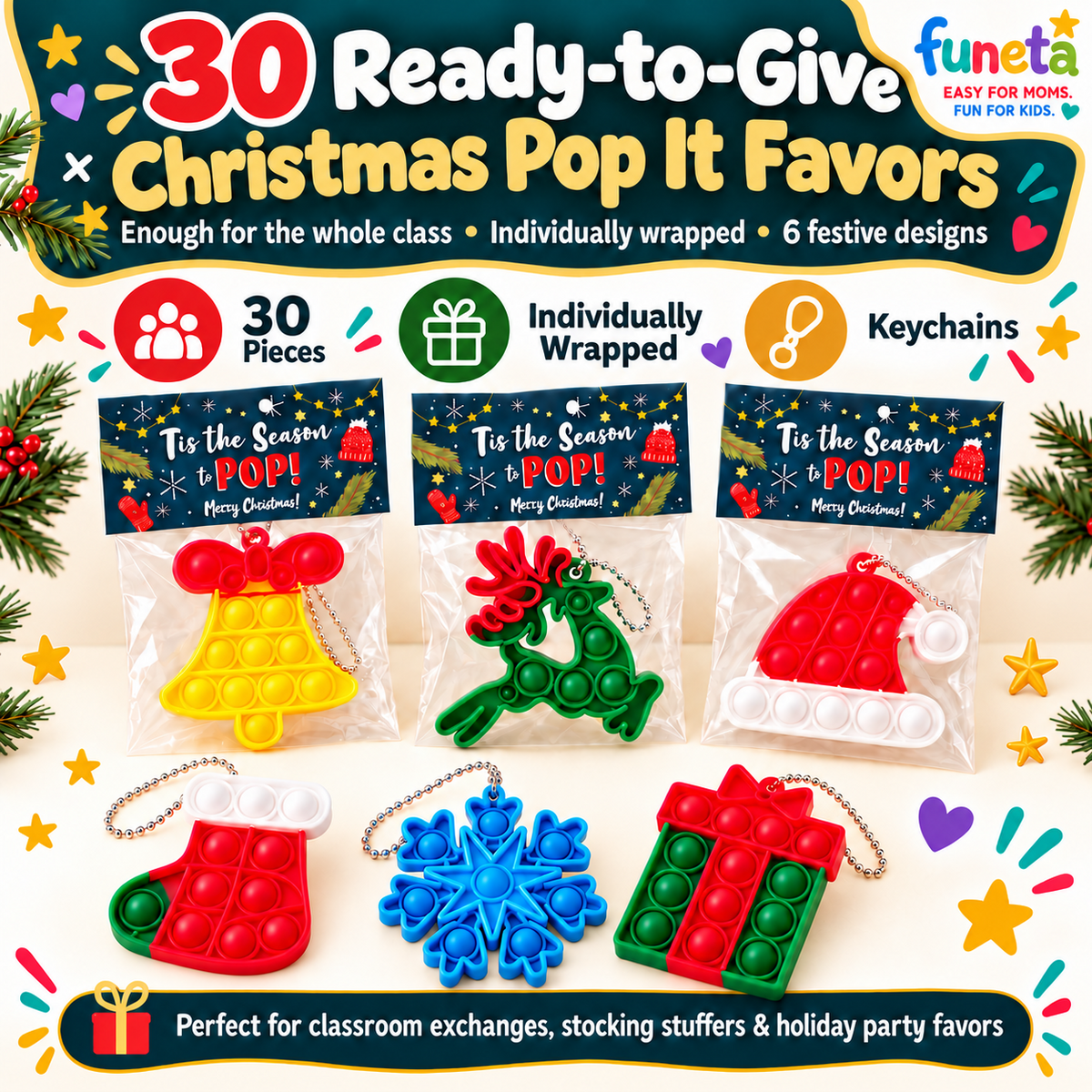 30-Pack Christmas Pop-It Fidget Favors