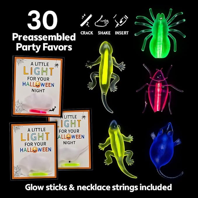 30 Packs Glow in the Dark Critters, Halloween Party Favors Bulk ,Goodie Bag Fillers, Halloween Gifts for Kids, Treats Non Candy, Halloween Classroom Favors, Teal Pumpkin Project