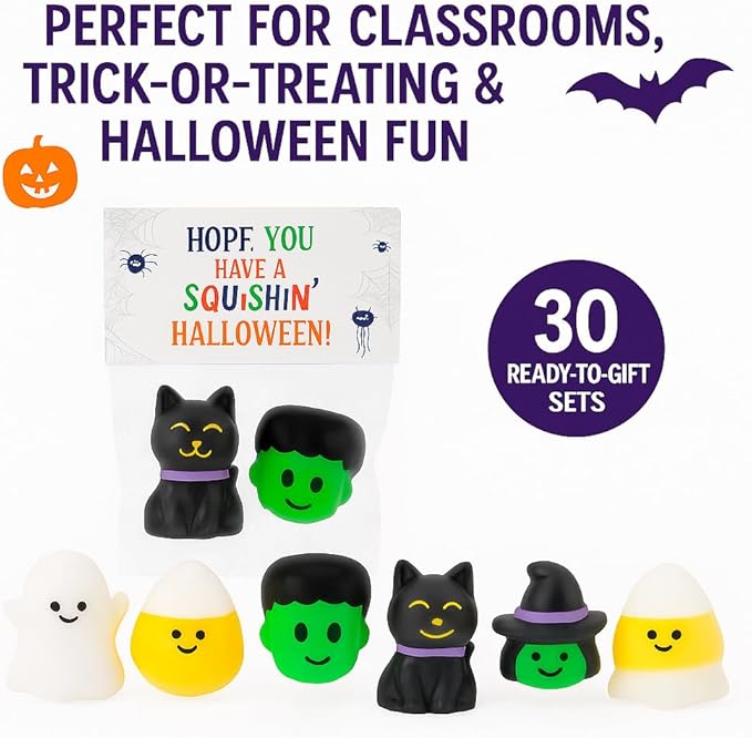 30 Pack Halloween Squishes, Halloween Party Favors, Halloween Classroom Favors, Squishy Toys, Goodie Bag Fillers, Bulk School for Kids, Halloween Treats Non Candy, Teal Pumpkin Project