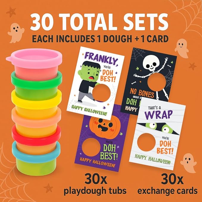 Play Dough Halloween Party Favors for Kids – 30 Pack Non-Candy Gifts with Playdough and Classroom Exchange Cards, Trick-or-Treat Toys for Toddlers, Boys, and Girls, Teal Pumpkin Approved