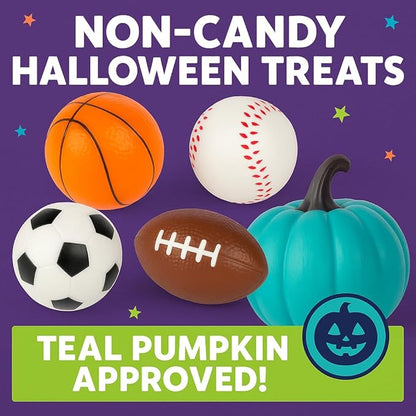 Halloween Sports Stress Balls for Kids – 30 Pack Non-Candy Teal Pumpkin Toys and Gifts, Trick-or-Treat Classroom Exchange, Football, Soccer, Baseball, Basketball Fidget Toys for Boys and Girls