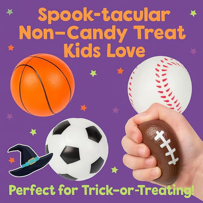 Halloween Sports Stress Balls for Kids – 30 Pack Non-Candy Teal Pumpkin Toys and Gifts, Trick-or-Treat Classroom Exchange, Football, Soccer, Baseball, Basketball Fidget Toys for Boys and Girls