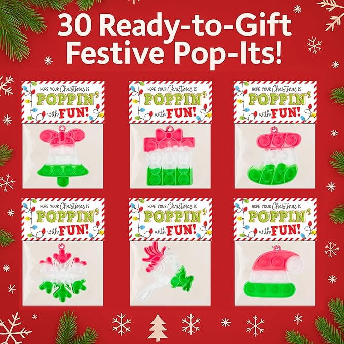 Christmas Pop-It Toys Bulk Pack, Holiday Student Gifts from Teacher, Goody Bag Stuffers, Office Party Favors