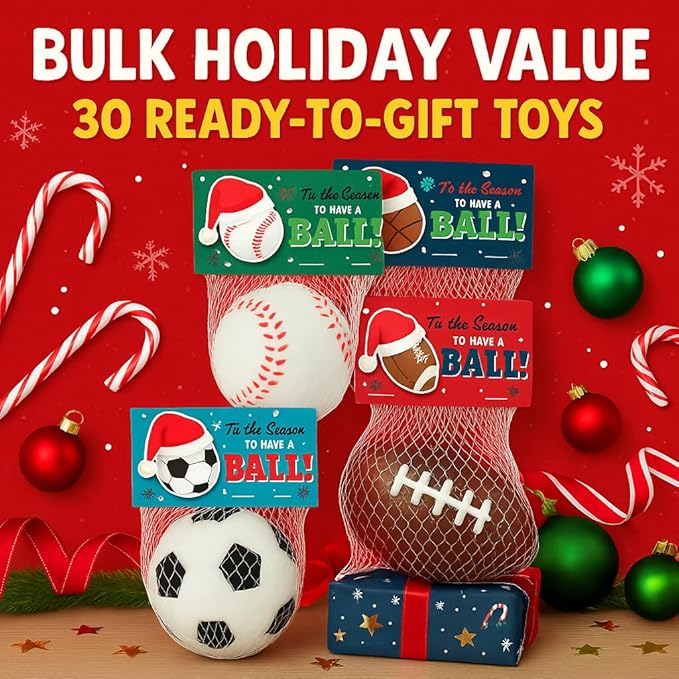 Christmas Sports Stress Ball Party Favors, Bulk Pack for Students, Holiday Goody Bag Stuffers, Office Gift Exchange