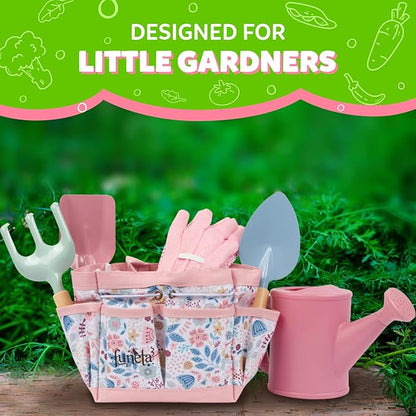 Floral Kids Gardening Set - Toddler Garden Tools, No-Leak Watering Can & Quality Tote Bag - Safe Metal Tools for Kids