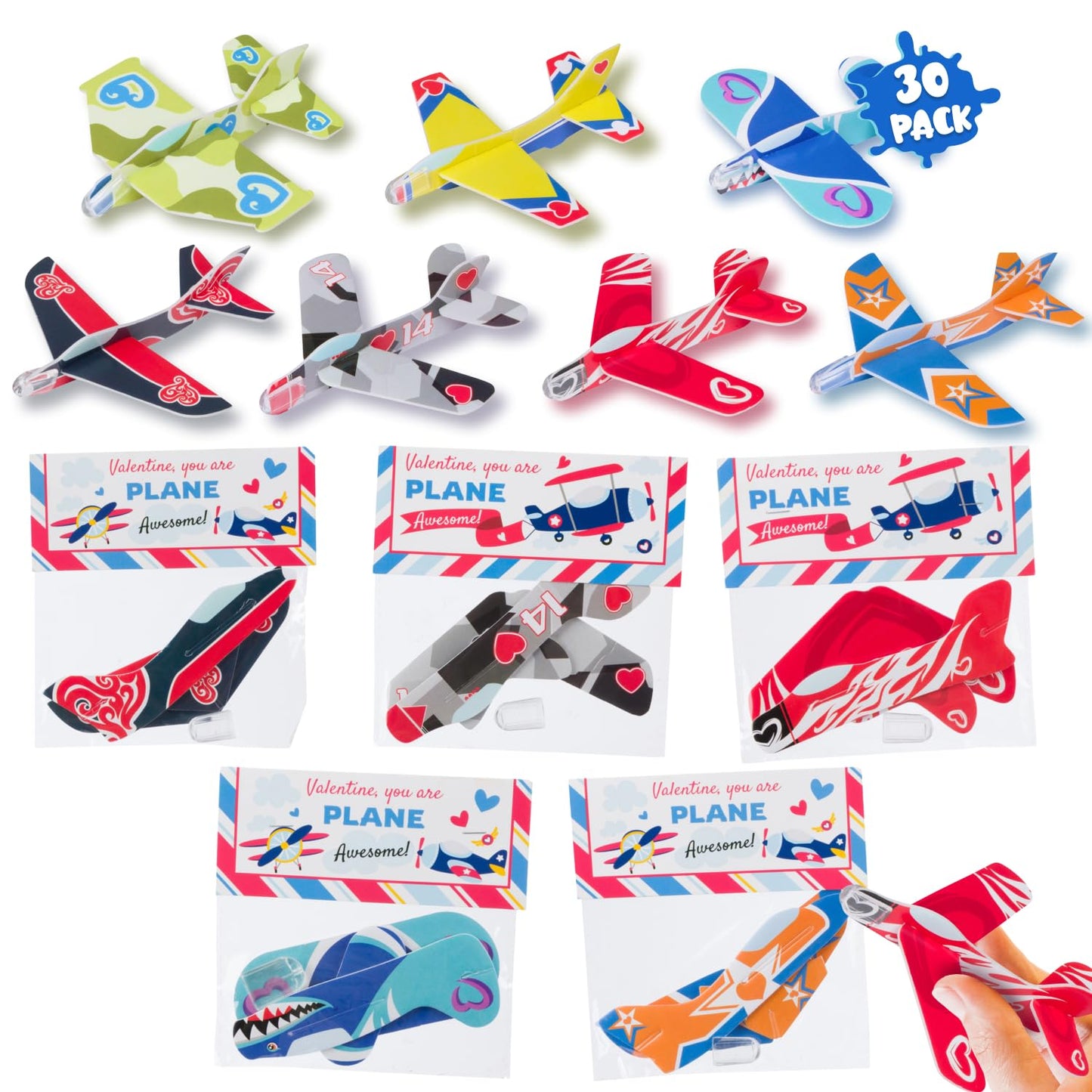 Funeta 30-Pack Valentine’s Day Gifts for Kids, Valentine’s Day Cards for Kids School, Foam Airplane Classroom Exchange Party Favors Toy