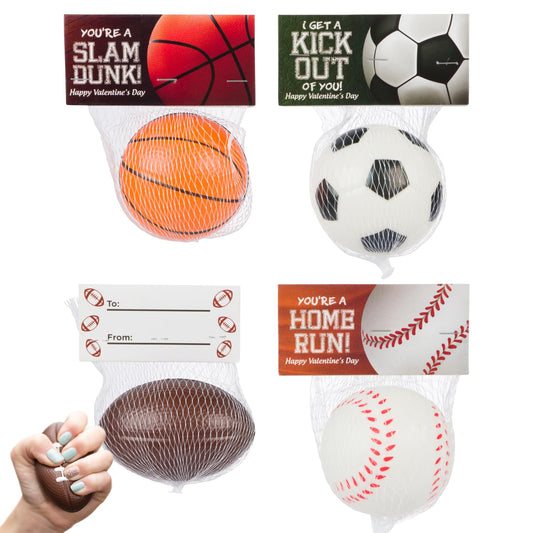 Funeta 30 Sports Stress Balls - Football, Soccer, Baseball, and Basketball - Valentine's Day Cards for Kids' School Classroom - Valentine's Day Gifts for Kids Class Exchange
