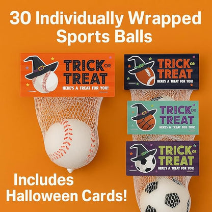 Halloween Sports Stress Balls for Kids – 30 Pack Non-Candy Teal Pumpkin Toys and Gifts, Trick-or-Treat Classroom Exchange, Football, Soccer, Baseball, Basketball Fidget Toys for Boys and Girls