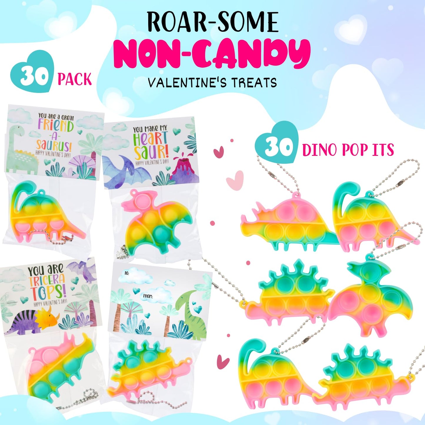 Funeta 30 Pack Valentines for kids Class - Dinosaur Valentines Pop It Toys - Valentines Day Cards for kids School Classroom Exchange -Teacher Valentines Day Gifts for Kids Party Favors