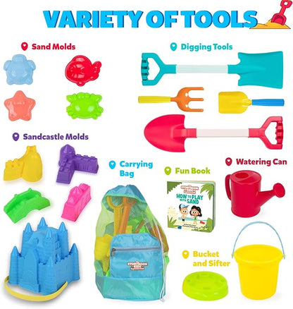 Beach Toys for Kids and Toddlers Ages 3-10 – Durable Sandbox Toy Set, Stronger Mesh Bag, Variety of Sand Toys– Unique Castle Molds, Buckets, Shovels, Better Watering Can