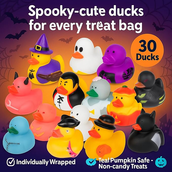 Halloween Party Favors for Kids – 30 Pack Rubber Ducks for Trick-or-Treaters, Non Candy Toys for Halloween Classroom Gifts & Goodie Bags, Teal Pumpkin Approved – Jeep Duckies