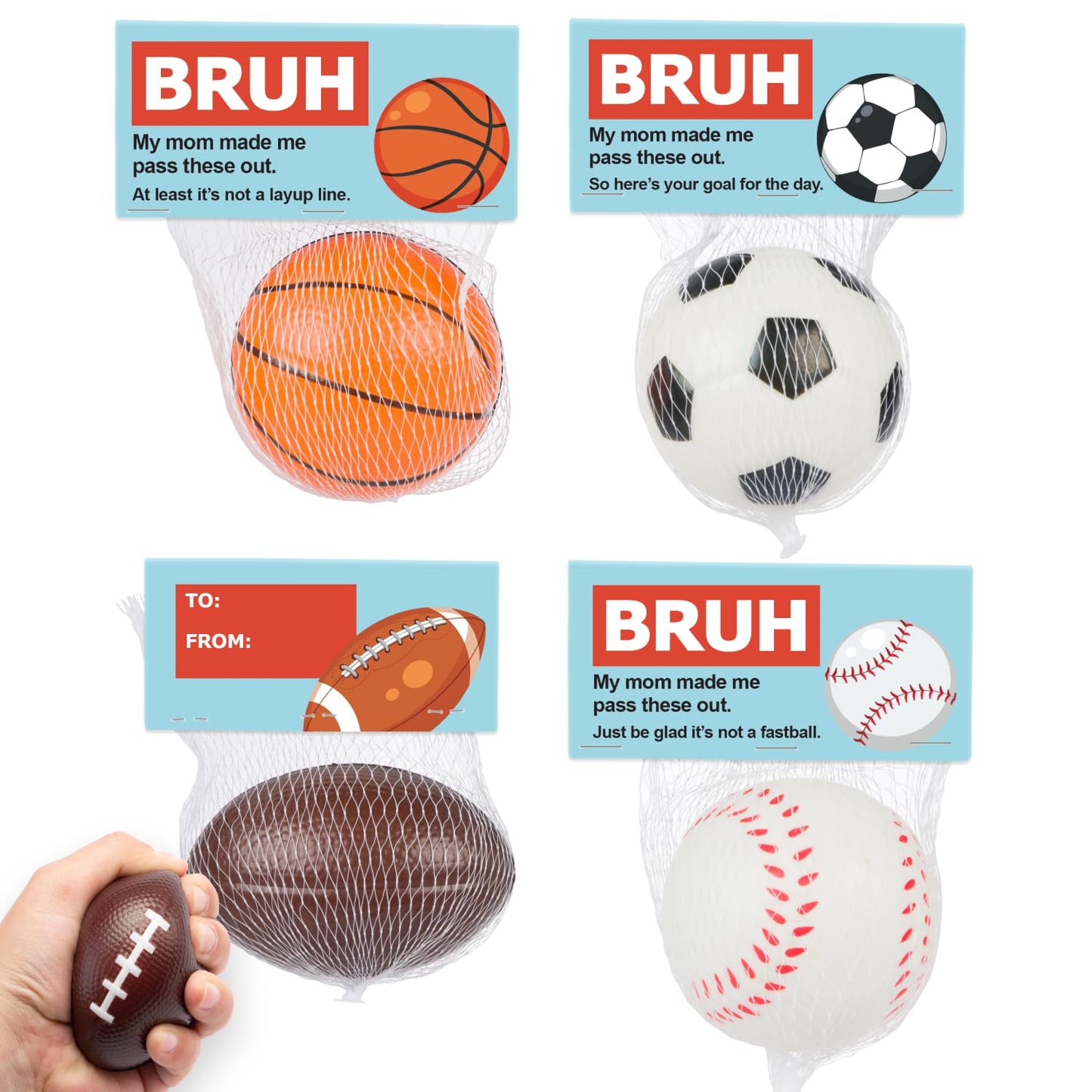 Funeta Bruh Cards for Tweens & Teens – 30 Sports Stress Balls, Funny Classroom Rewards, Middle School Party Favors, Non-Candy Bulk Toys, Prize Box & Goodie Bag Stuffers