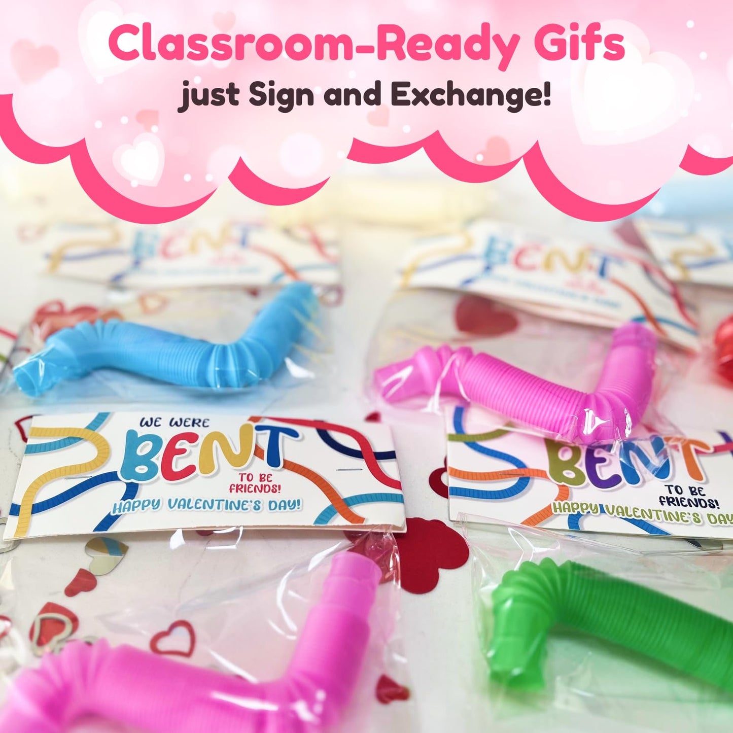 Funeta 30 Pack Fidget Pop Tubes, Valentine’s Day Cards for School, Valentines for Kids Class, Toddler V Day Gifts for Kids Classroom Exchange