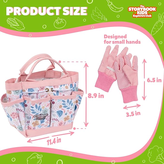 Floral Kids Gardening Set - Toddler Garden Tools, No-Leak Watering Can & Quality Tote Bag - Safe Metal Tools for Kids