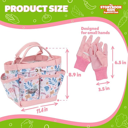 Floral Kids Gardening Set - Toddler Garden Tools, No-Leak Watering Can & Quality Tote Bag - Safe Metal Tools for Kids