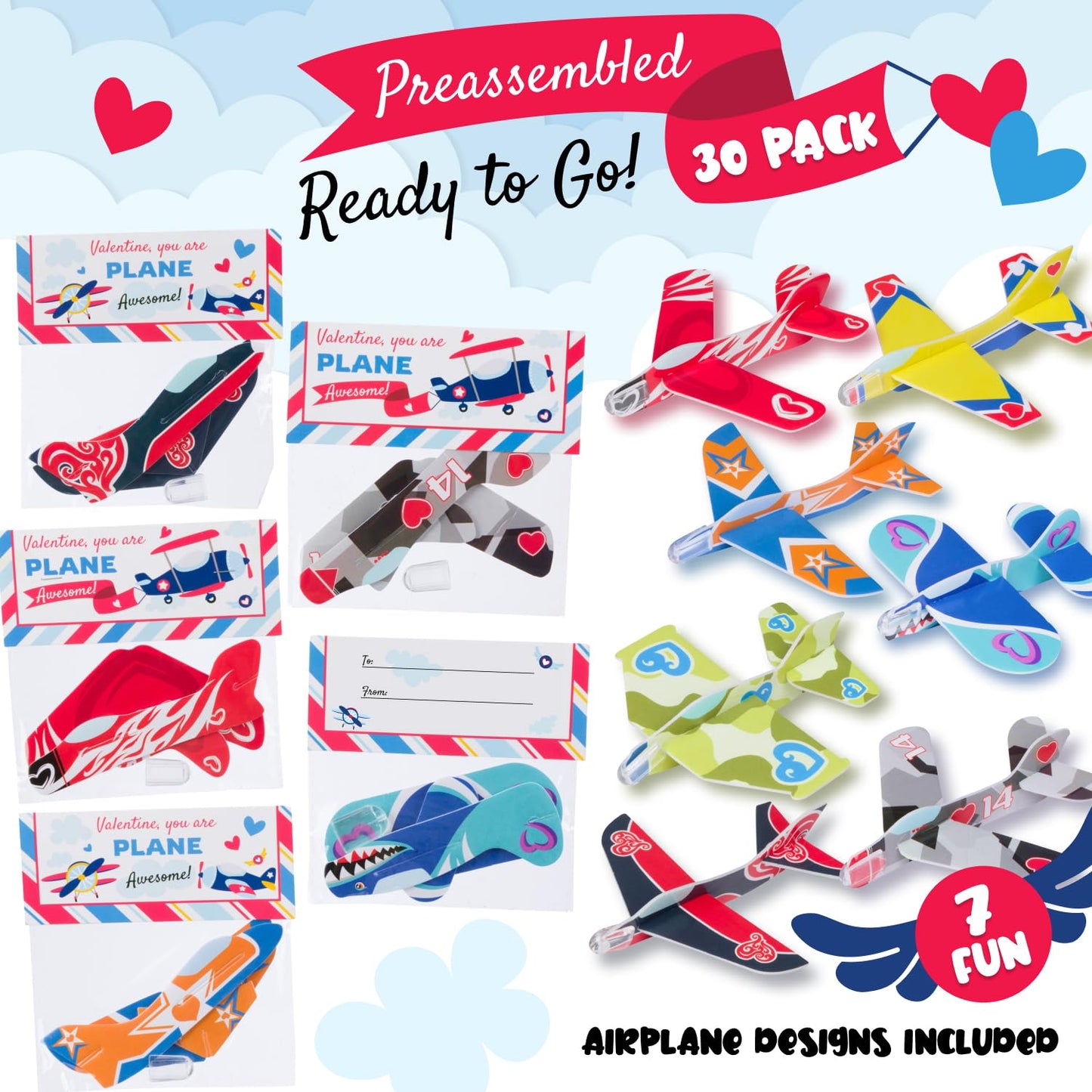 Funeta 30-Pack Valentine’s Day Gifts for Kids, Valentine’s Day Cards for Kids School, Foam Airplane Classroom Exchange Party Favors Toy