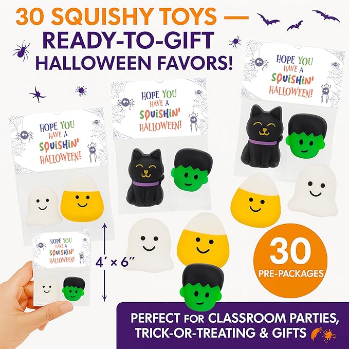 30 Pack Halloween Squishes, Halloween Party Favors, Halloween Classroom Favors, Squishy Toys, Goodie Bag Fillers, Bulk School for Kids, Halloween Treats Non Candy, Teal Pumpkin Project