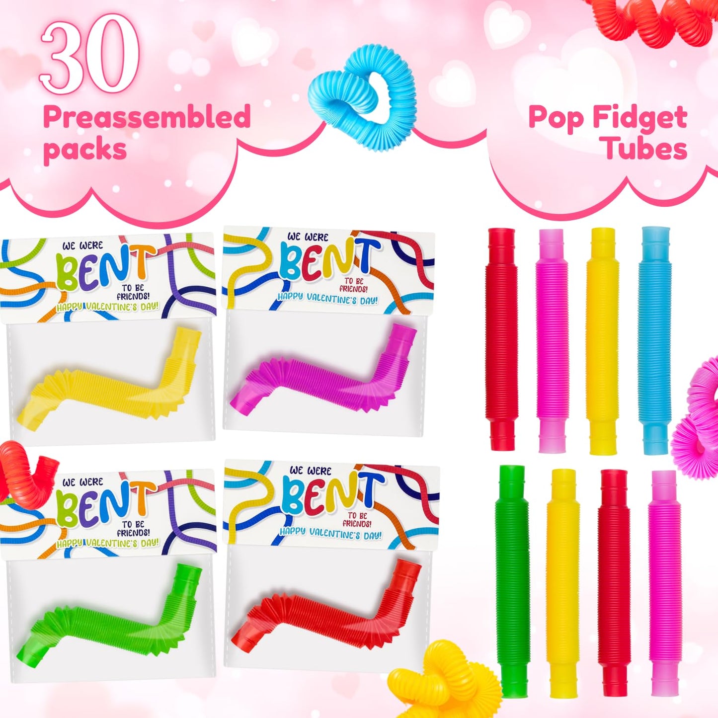 Funeta 30 Pack Fidget Pop Tubes, Valentine’s Day Cards for School, Valentines for Kids Class, Toddler V Day Gifts for Kids Classroom Exchange