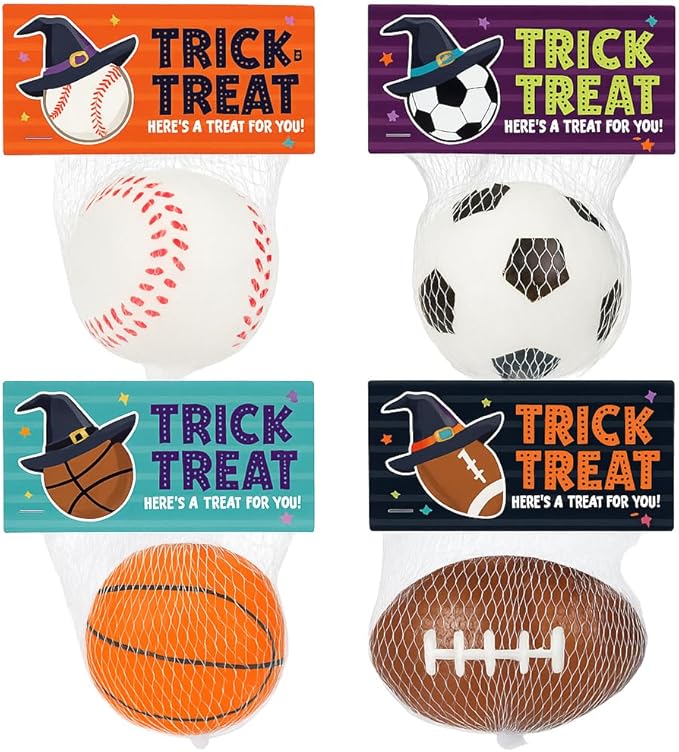 Halloween Sports Stress Balls for Kids – 30 Pack Non-Candy Teal Pumpkin Toys and Gifts, Trick-or-Treat Classroom Exchange, Football, Soccer, Baseball, Basketball Fidget Toys for Boys and Girls