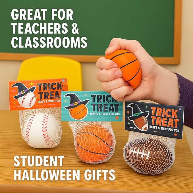 Halloween Sports Stress Balls for Kids – 30 Pack Non-Candy Teal Pumpkin Toys and Gifts, Trick-or-Treat Classroom Exchange, Football, Soccer, Baseball, Basketball Fidget Toys for Boys and Girls