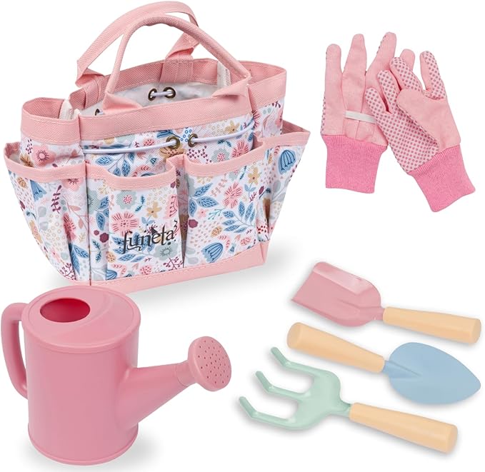 Floral Kids Gardening Set - Toddler Garden Tools, No-Leak Watering Can & Quality Tote Bag - Safe Metal Tools for Kids