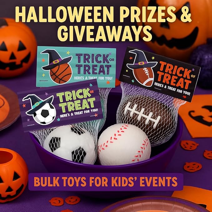 Halloween Sports Stress Balls for Kids – 30 Pack Non-Candy Teal Pumpkin Toys and Gifts, Trick-or-Treat Classroom Exchange, Football, Soccer, Baseball, Basketball Fidget Toys for Boys and Girls