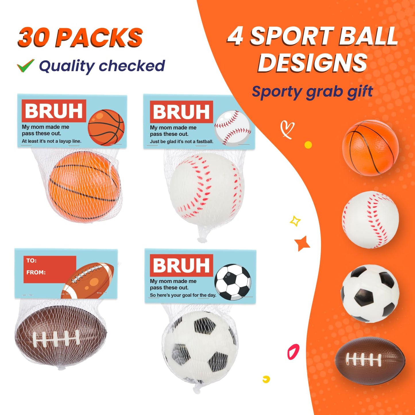 Funeta Bruh Cards for Tweens & Teens – 30 Sports Stress Balls, Funny Classroom Rewards, Middle School Party Favors, Non-Candy Bulk Toys, Prize Box & Goodie Bag Stuffers