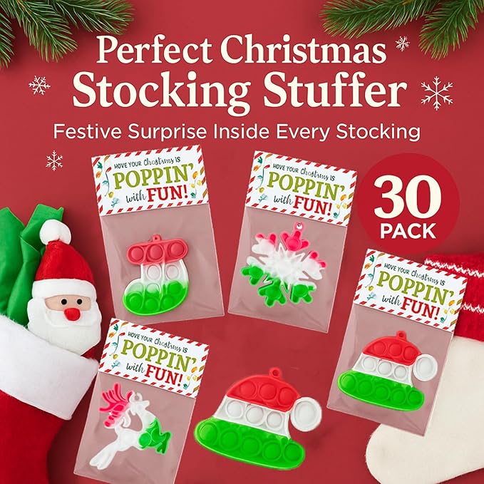 Christmas Pop-It Toys Bulk Pack, Holiday Student Gifts from Teacher, Goody Bag Stuffers, Office Party Favors