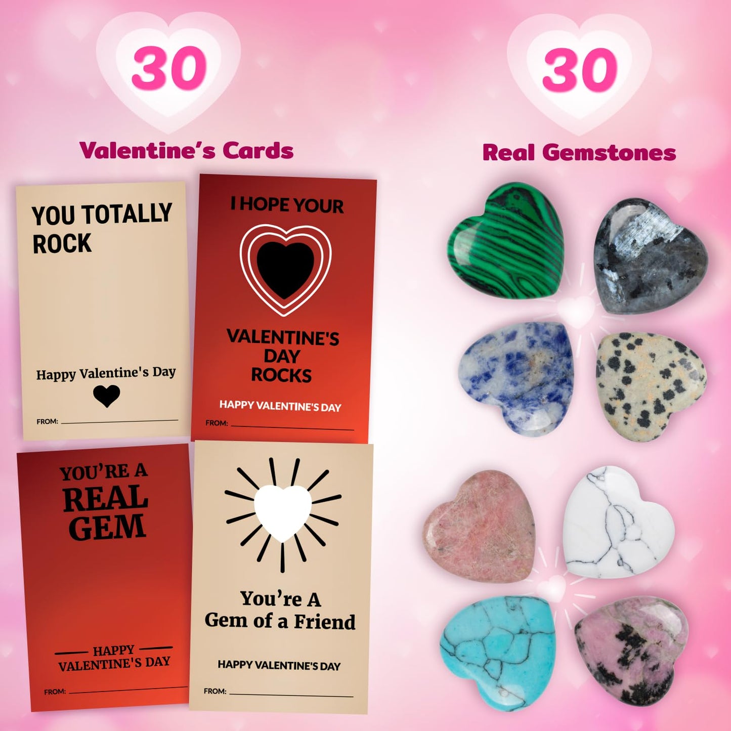 Funeta Valentines Day Gifts for kids Classroom - 30 Pack Heart Shape Crystals- Valentines Day Cards for kids School Class Gift Exchange- Boys, Girls, Toddlers, Party Favors
