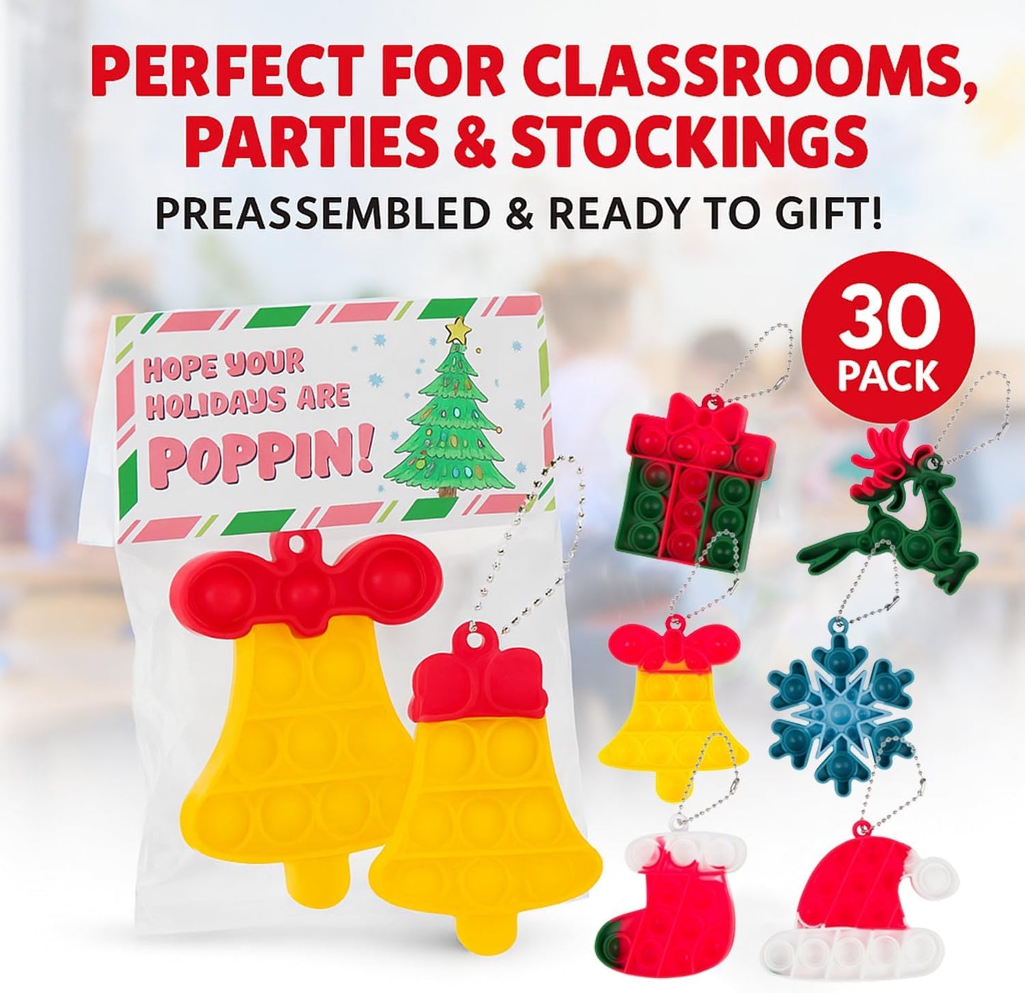 30 Pack Bulk for Students, Christmas Pop It Fidget Toys, for Kids Classroom, Prizes, Stocking Stuffers, Office Gifts, and popit Party Favors - Goody Bag Stuffers and Christmas Goodies
