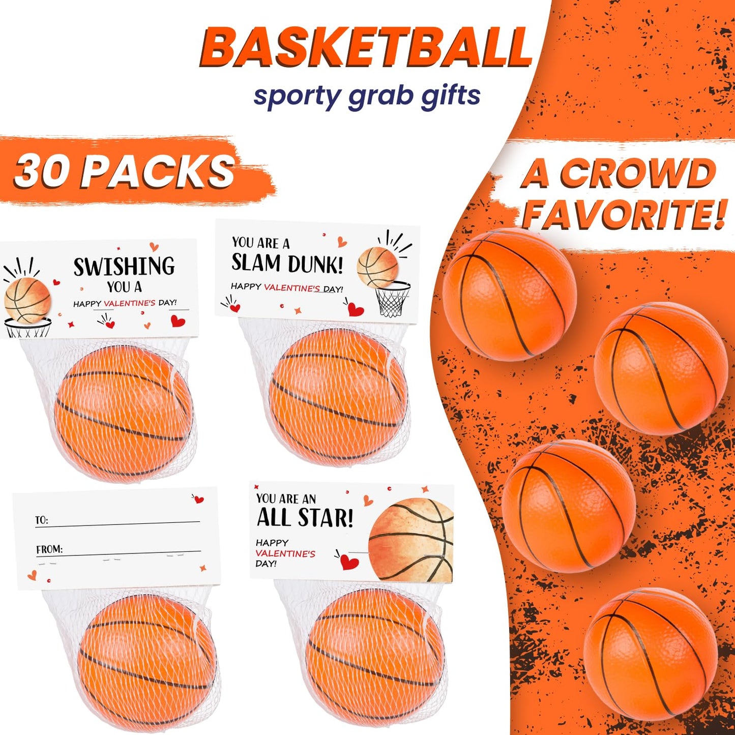 Funeta 30 Sports Basketball Stress Balls - Valentine's Day Cards for Kids School Classroom - Valentine's Day Gifts for Kids Class Exchange