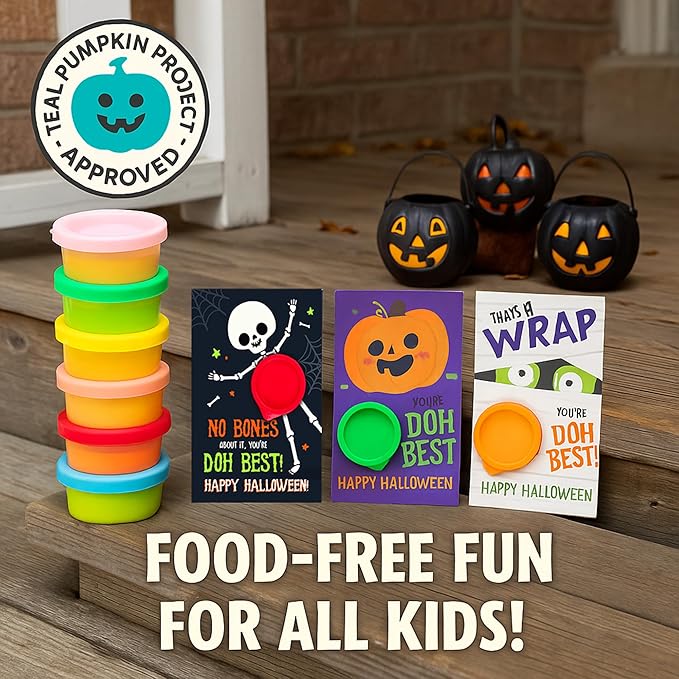 Play Dough Halloween Party Favors for Kids – 30 Pack Non-Candy Gifts with Playdough and Classroom Exchange Cards, Trick-or-Treat Toys for Toddlers, Boys, and Girls, Teal Pumpkin Approved