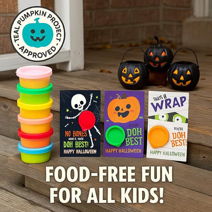 Play Dough Halloween Party Favors for Kids – 30 Pack Non-Candy Gifts with Playdough and Classroom Exchange Cards, Trick-or-Treat Toys for Toddlers, Boys, and Girls, Teal Pumpkin Approved
