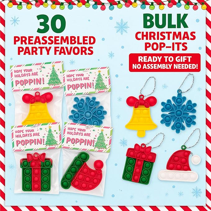 30 Pack Bulk for Students, Christmas Pop It Fidget Toys, for Kids Classroom, Prizes, Stocking Stuffers, Office Gifts, and popit Party Favors - Goody Bag Stuffers and Christmas Goodies