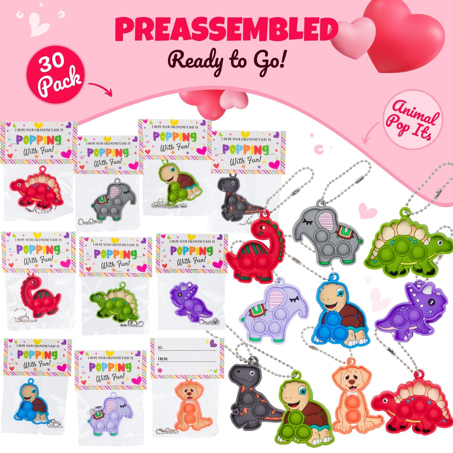 Funeta Valentine's Day Gifts for Kids - 30 Pack Animal Valentine's Pop Its Fidget Toys - Valentine's Day Cards for Kid School Classroom - Valentines for Kids Class Exchange