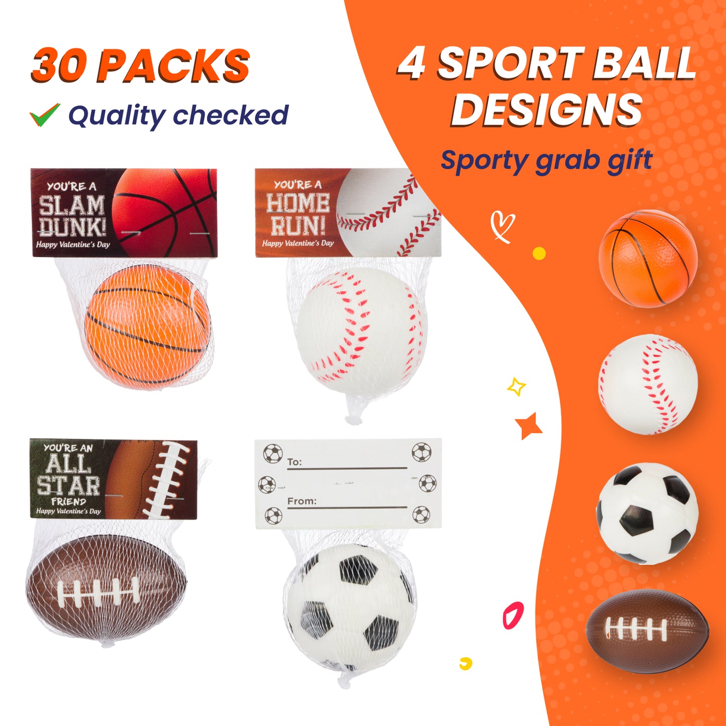 30 Valentine's Sports Stress Balls - Football, Soccer, Baseball, and Basketball - Valentine's Day Cards for Kids' School Classroom