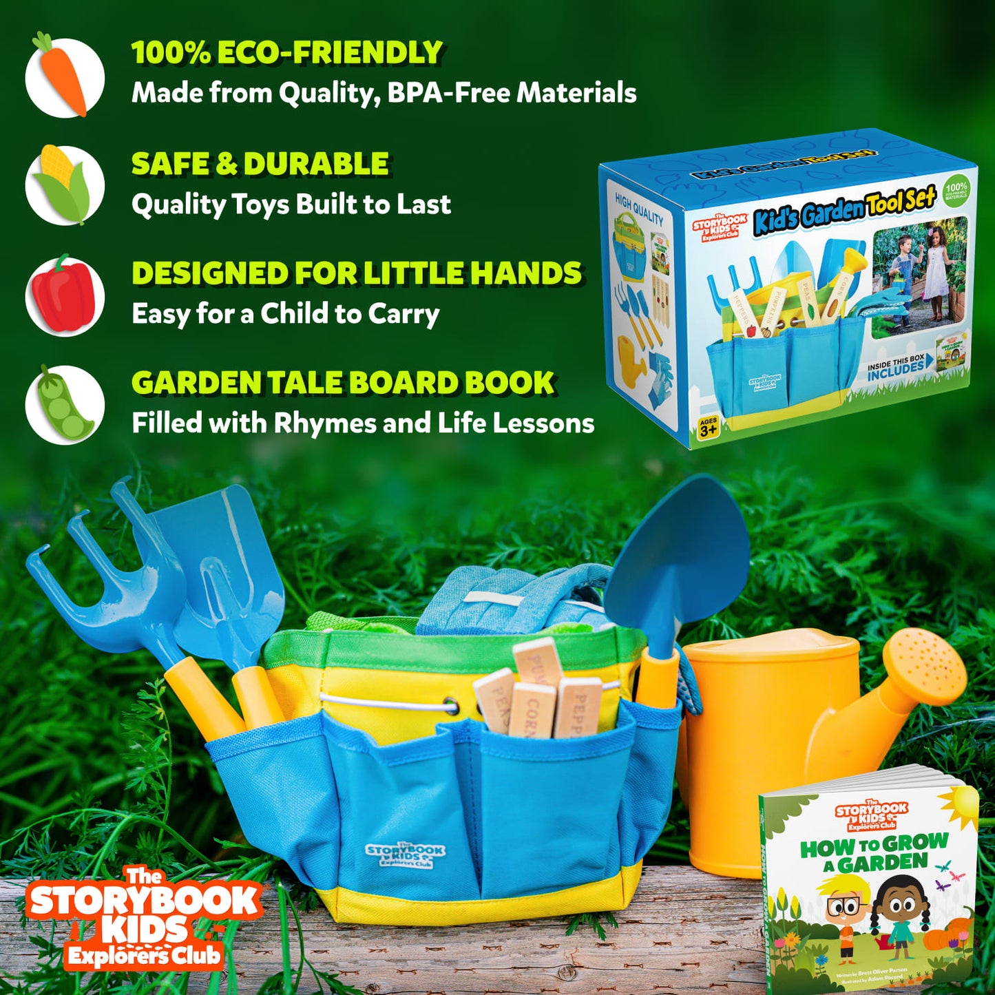 Kids Gardening Tools Set Includes Sturdy Tote Bag, Watering Can, Shovel, Rake, and Trowel - Garden Storybook