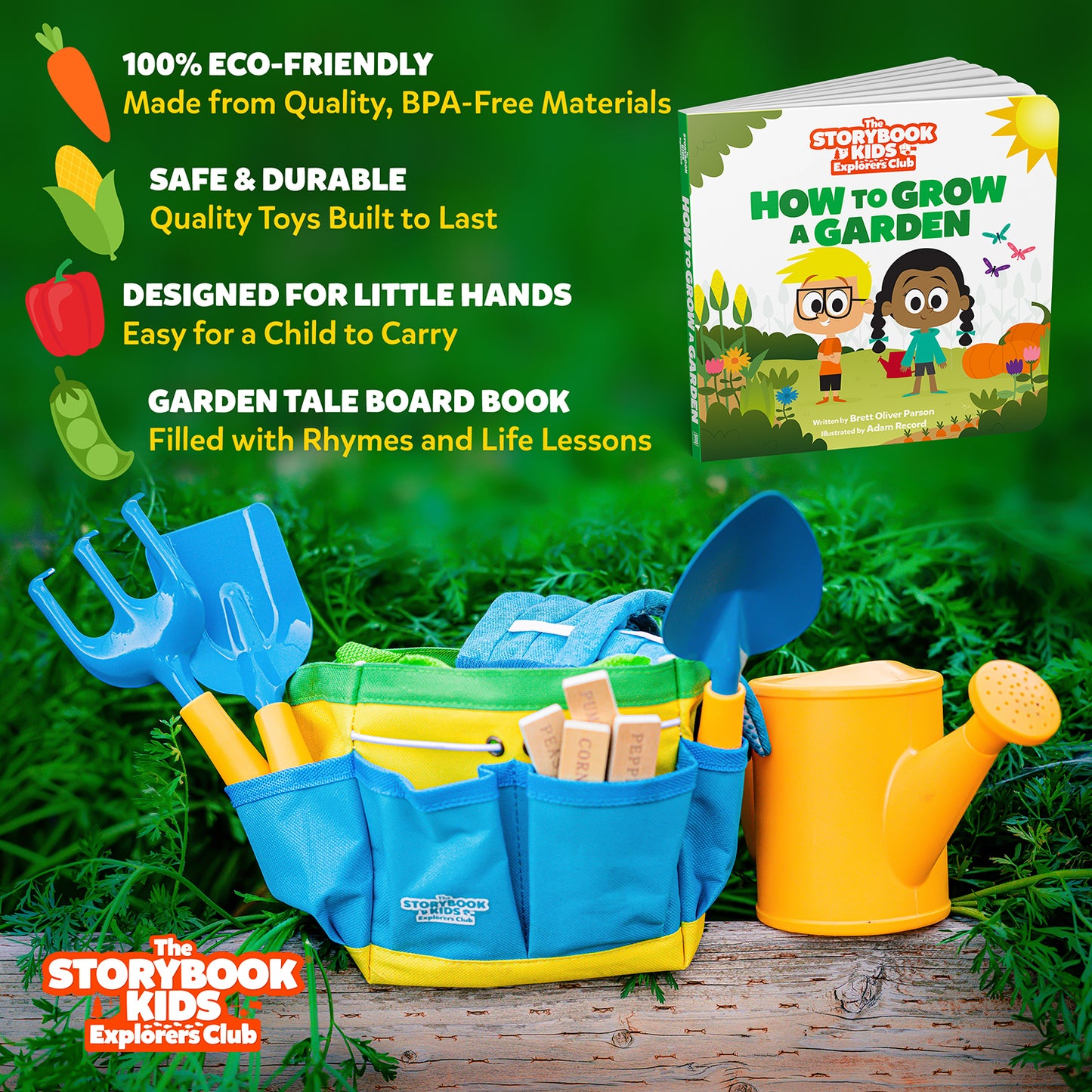 Kids Gardening Tools Set Includes Sturdy Tote Bag, Watering Can, Shovel, Rake, and Trowel - Garden Storybook