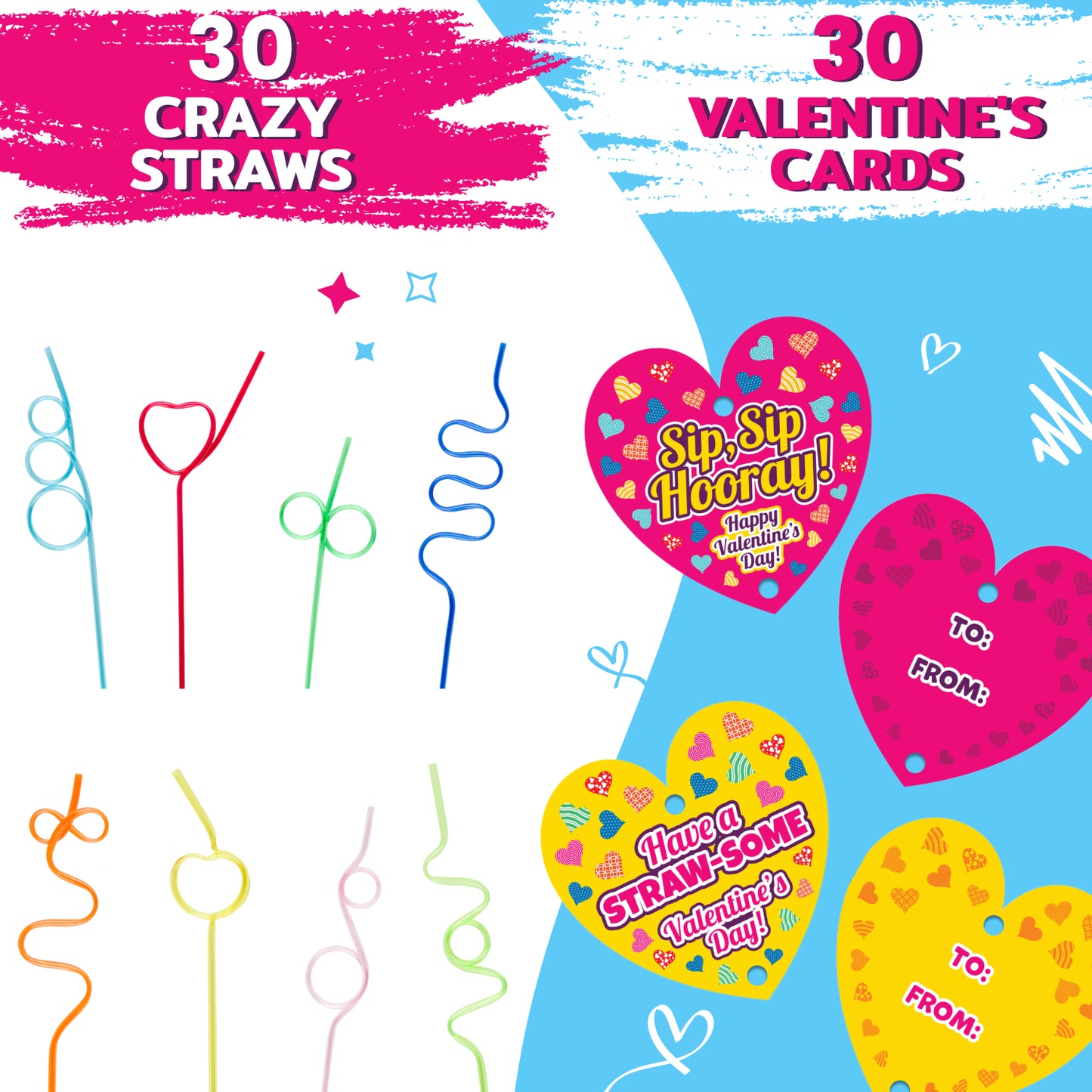 30 Crazy Straws and 30 Valentine's Day Cards for Kids' School Classroom Valentine's Exchange