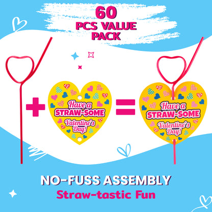 30 Crazy Straws and 30 Valentine's Day Cards for Kids' School Classroom Valentine's Exchange