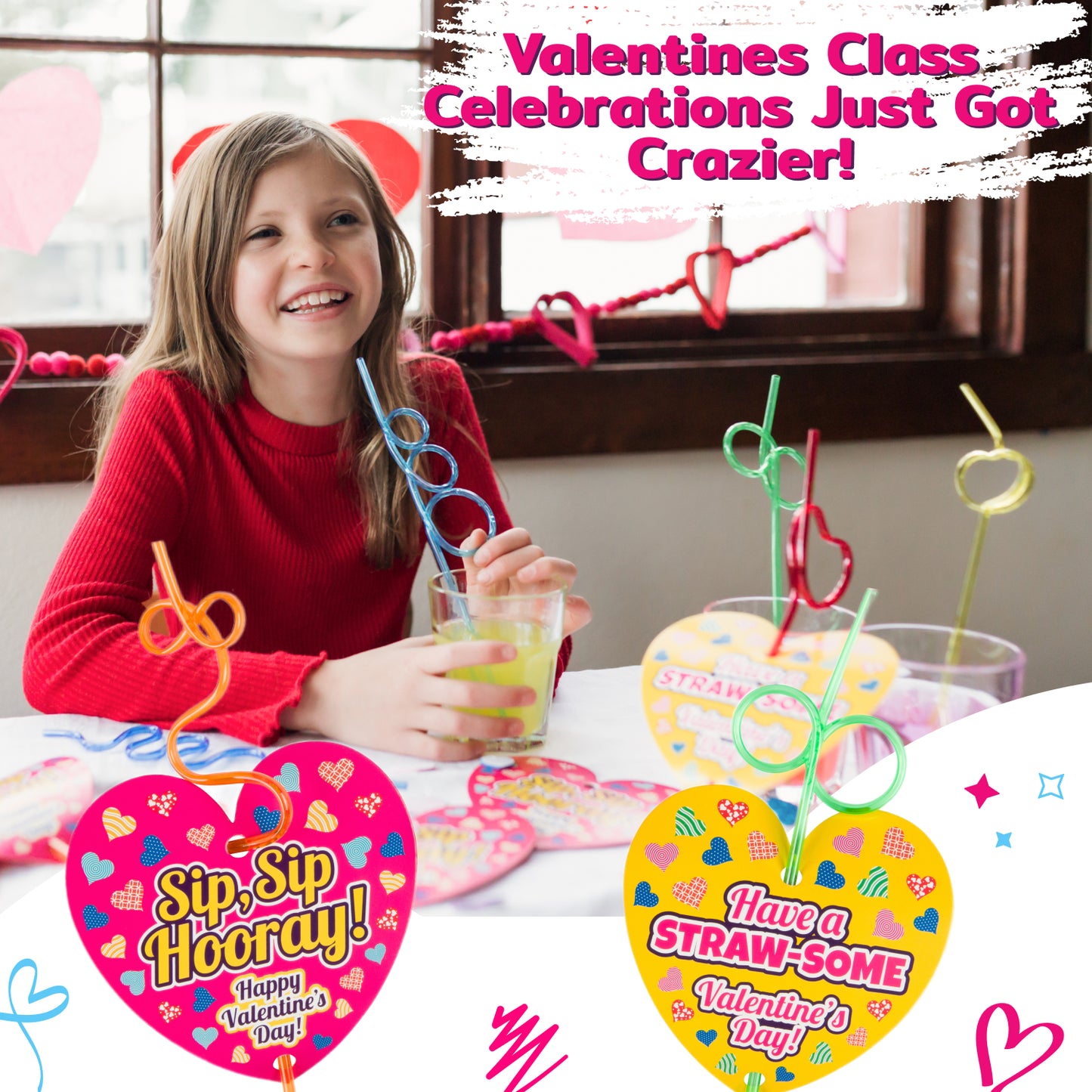 30 Crazy Straws and 30 Valentine's Day Cards for Kids' School Classroom Valentine's Exchange