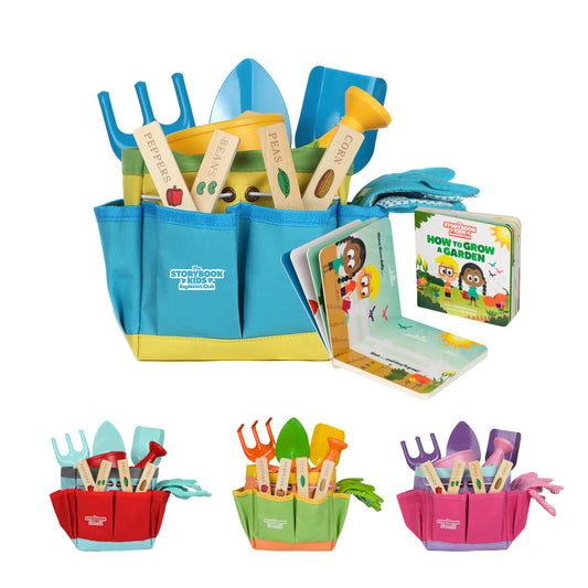 Kids Gardening Tools Set Includes Sturdy Tote Bag, Watering Can, Shovel, Rake, and Trowel - Garden Storybook