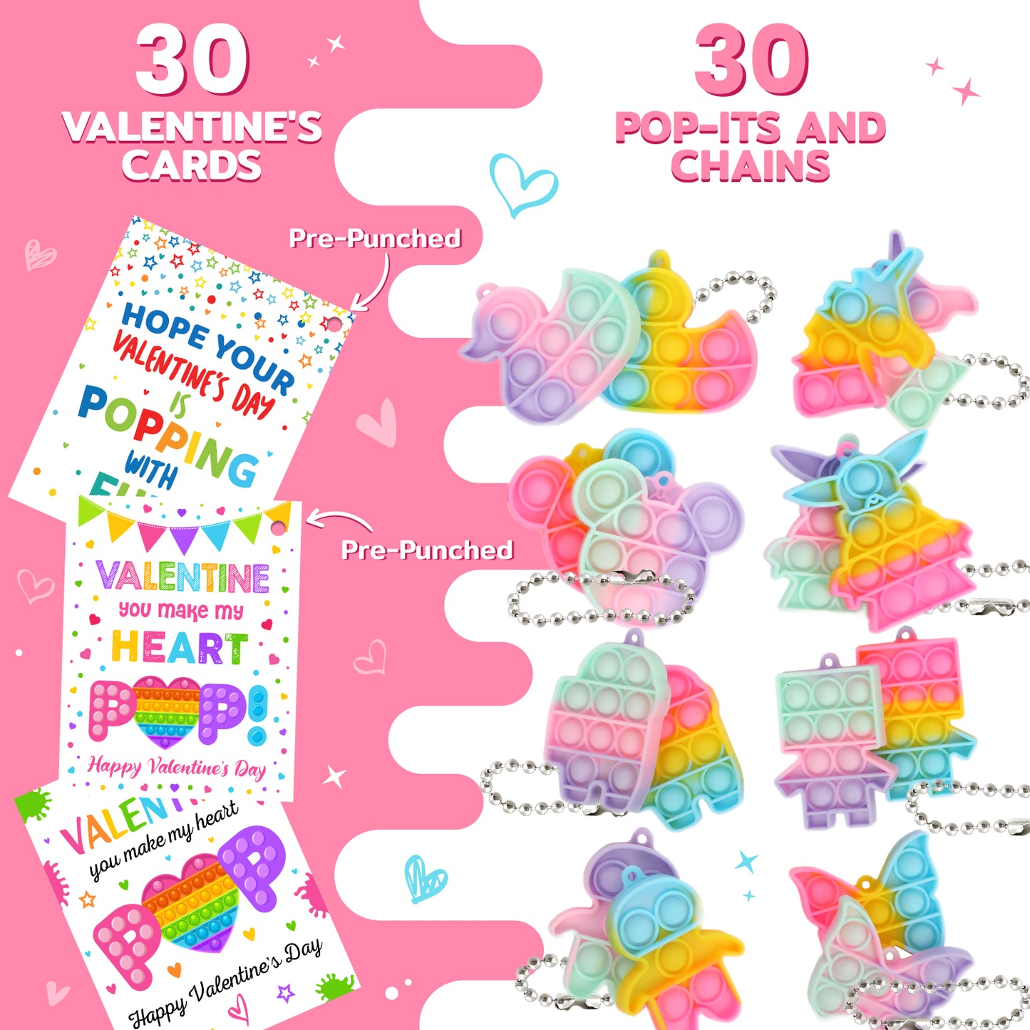 Funeta Valentines Pop Its for Kids Classroom Valentines Exchange, 30 Pack Fidget Valentines Day Cards